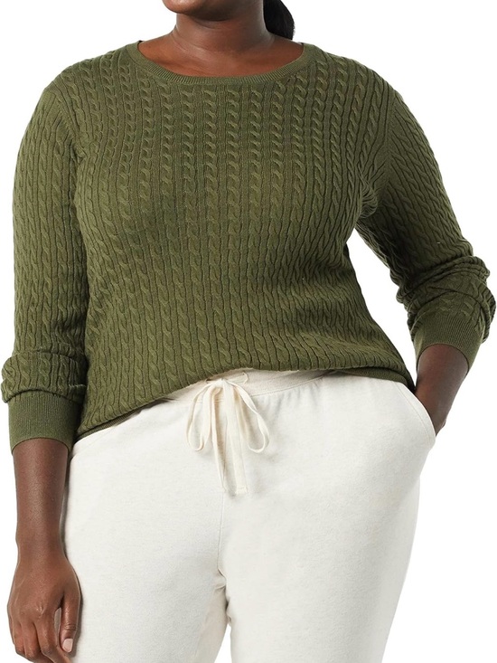 Amazon Essentials Sweaters - Amazon Essentials Olive Cable-Knit Crewneck Sweater - Women's